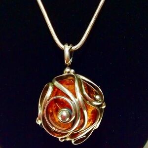 BALTIC AMBER SPHERE ARTISAN VINTAGE STERLING SILVER ORNATE HUGE NECKLACE
